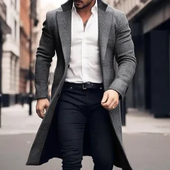 Sale OUKU Men's Winter Coat Wool Coat Overcoat Office & Career Daily Wear Winter Polyester Thermal Warm Washable Outerwear Clothing Apparel Fashion Warm Ups Plain Pocket Lapel Single Breasted