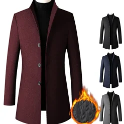Hot OUKU Men's Winter Coat Wool Coat Overcoat Business Daily Wear Fall Winter Wool Thermal Warm Outdoor Outerwear Clothing Apparel Fashion Warm Ups Solid Colored Pocket Standing Collar Single Breasted
