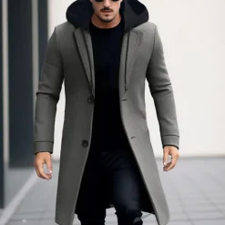 Best OUKU Men's Winter Coat Wool Coat Overcoat Trench Coat Outdoor Daily Wear Fall & Winter Polyester Windbreaker Outerwear Clothing Apparel Fashion Streetwear Plain Hooded Single Breasted One-button