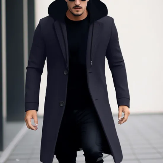 Best OUKU Men's Winter Coat Wool Coat Overcoat Trench Coat Outdoor Daily Wear Fall & Winter Polyester Windbreaker Outerwear Clothing Apparel Fashion Streetwear Plain Hooded Single Breasted One-button