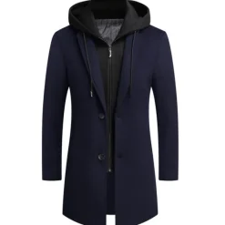 Best OUKU Men's Winter Coat Wool Coat Overcoat Trench Coat Outdoor Daily Wear Fall & Winter Polyester Windbreaker Outerwear Clothing Apparel Fashion Streetwear Plain Hooded Single Breasted One-button
