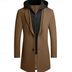 Best OUKU Men's Winter Coat Wool Coat Overcoat Trench Coat Outdoor Daily Wear Fall & Winter Polyester Windbreaker Outerwear Clothing Apparel Fashion Streetwear Plain Hooded Single Breasted One-button