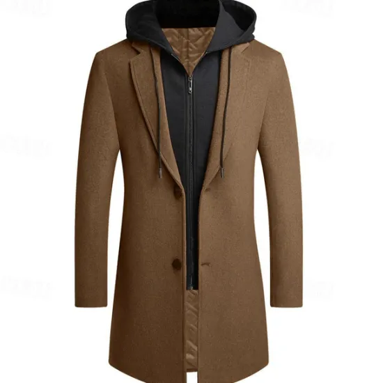Best OUKU Men's Winter Coat Wool Coat Overcoat Trench Coat Outdoor Daily Wear Fall & Winter Polyester Windbreaker Outerwear Clothing Apparel Fashion Streetwear Plain Hooded Single Breasted One-button