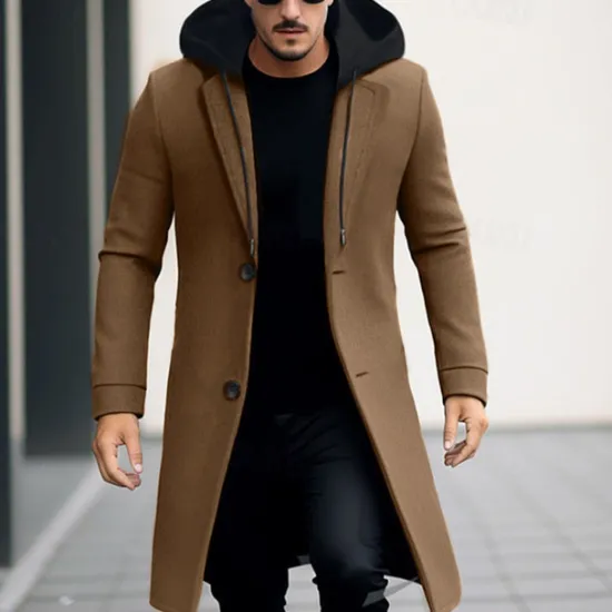 Best OUKU Men's Winter Coat Wool Coat Overcoat Trench Coat Outdoor Daily Wear Fall & Winter Polyester Windbreaker Outerwear Clothing Apparel Fashion Streetwear Plain Hooded Single Breasted One-button