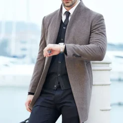 OUKU Men's Winter Coat Wool Coat Overcoat Trench Coat Outdoor Daily Wear Fall & Winter Polyester Windbreaker Outerwear Clothing Apparel Fashion Streetwear Plain Queen Anne Single Breasted One-button