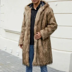 Sale OUKU Men's Winter Jacket Fleece Jacket Faux Fur Coat Daily Vacation Thermal Warm Keep Warm Fleece Fall & Winter Leopard Print Fashion Streetwear Hooded Long Black White Yellow Jacket
