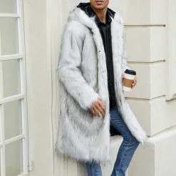 Sale OUKU Men's Winter Jacket Fleece Jacket Faux Fur Coat Daily Vacation Thermal Warm Keep Warm Fleece Fall & Winter Leopard Print Fashion Streetwear Hooded Long Black White Yellow Jacket