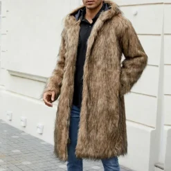 Sale OUKU Men's Winter Jacket Fleece Jacket Faux Fur Coat Daily Vacation Thermal Warm Keep Warm Fleece Fall & Winter Leopard Print Fashion Streetwear Hooded Long Black White Yellow Jacket