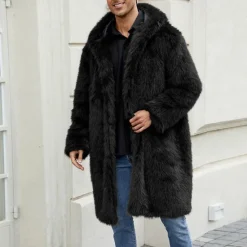 Sale OUKU Men's Winter Jacket Fleece Jacket Faux Fur Coat Daily Vacation Thermal Warm Keep Warm Fleece Fall & Winter Leopard Print Fashion Streetwear Hooded Long Black White Yellow Jacket