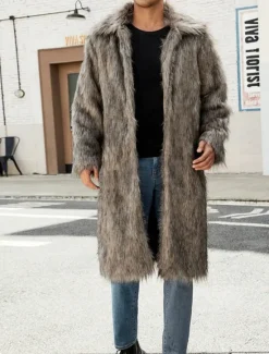 OUKU Men's Winter Jacket Fleece Jacket Faux Fur Coat Daily Vacation Thermal Warm Pocket Fleece Fall & Winter Solid Color Fashion Streetwear Lapel Long White Brown Gray Jacket