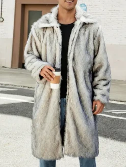 OUKU Men's Winter Jacket Fleece Jacket Faux Fur Coat Daily Vacation Thermal Warm Pocket Fleece Fall & Winter Solid Color Fashion Streetwear Lapel Long White Brown Gray Jacket