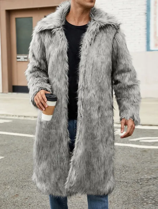 OUKU Men's Winter Jacket Fleece Jacket Faux Fur Coat Daily Vacation Thermal Warm Pocket Fleece Fall & Winter Solid Color Fashion Streetwear Lapel Long White Brown Gray Jacket