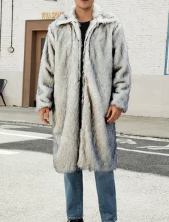 OUKU Men's Winter Jacket Fleece Jacket Faux Fur Coat Daily Vacation Thermal Warm Pocket Fleece Fall & Winter Solid Color Fashion Streetwear Lapel Long White Brown Gray Jacket
