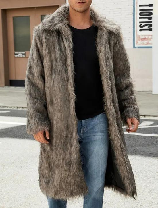OUKU Men's Winter Jacket Fleece Jacket Faux Fur Coat Daily Vacation Thermal Warm Pocket Fleece Fall & Winter Solid Color Fashion Streetwear Lapel Long White Brown Gray Jacket