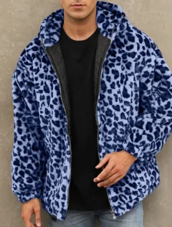 Discount OUKU Men's Winter Jacket Fleece Jacket Faux Fur Coat Daily Vacation Thermal Warm Pocket Fleece Fall & Winter Leopard Print Fashion Streetwear Hooded Regular Yellow Blue Green Jacket