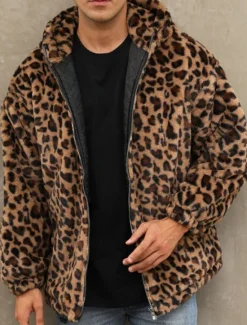 Discount OUKU Men's Winter Jacket Fleece Jacket Faux Fur Coat Daily Vacation Thermal Warm Pocket Fleece Fall & Winter Leopard Print Fashion Streetwear Hooded Regular Yellow Blue Green Jacket