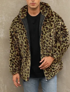 Discount OUKU Men's Winter Jacket Fleece Jacket Faux Fur Coat Daily Vacation Thermal Warm Pocket Fleece Fall & Winter Leopard Print Fashion Streetwear Hooded Regular Yellow Blue Green Jacket