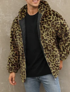 Discount OUKU Men's Winter Jacket Fleece Jacket Faux Fur Coat Daily Vacation Thermal Warm Pocket Fleece Fall & Winter Leopard Print Fashion Streetwear Hooded Regular Yellow Blue Green Jacket