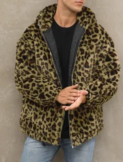 Discount OUKU Men's Winter Jacket Fleece Jacket Faux Fur Coat Daily Vacation Thermal Warm Pocket Fleece Fall & Winter Leopard Print Fashion Streetwear Hooded Regular Yellow Blue Green Jacket