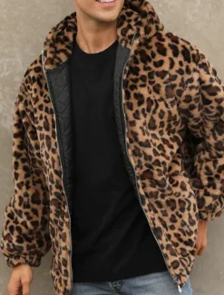 Discount OUKU Men's Winter Jacket Fleece Jacket Faux Fur Coat Daily Vacation Thermal Warm Pocket Fleece Fall & Winter Leopard Print Fashion Streetwear Hooded Regular Yellow Blue Green Jacket