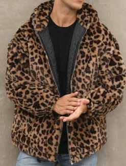 Discount OUKU Men's Winter Jacket Fleece Jacket Faux Fur Coat Daily Vacation Thermal Warm Pocket Fleece Fall & Winter Leopard Print Fashion Streetwear Hooded Regular Yellow Blue Green Jacket