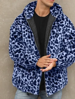 Discount OUKU Men's Winter Jacket Fleece Jacket Faux Fur Coat Daily Vacation Thermal Warm Pocket Fleece Fall & Winter Leopard Print Fashion Streetwear Hooded Regular Yellow Blue Green Jacket