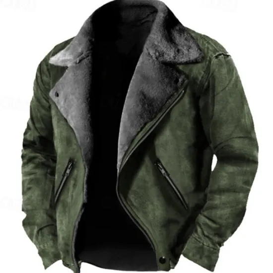 Hot OUKU Men's Winter Jacket Fleece Jacket Sherpa Jacket Faux Suede Jacket Vacation Daily Thermal Warm Pocket Fleece Fall & Winter Plain Fashion Streetwear Lapel Regular Faux Leather Black Brown Green Jacket