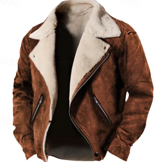 Hot OUKU Men's Winter Jacket Fleece Jacket Sherpa Jacket Faux Suede Jacket Vacation Daily Thermal Warm Pocket Fleece Fall & Winter Plain Fashion Streetwear Lapel Regular Faux Leather Black Brown Green Jacket