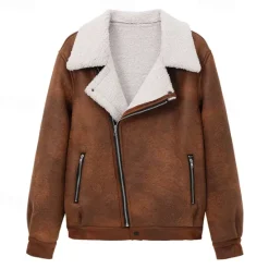 Hot OUKU Men's Winter Jacket Fleece Jacket Sherpa Jacket Faux Suede Jacket Vacation Daily Thermal Warm Pocket Fleece Fall & Winter Plain Fashion Streetwear Lapel Regular Faux Leather Black Brown Green Jacket