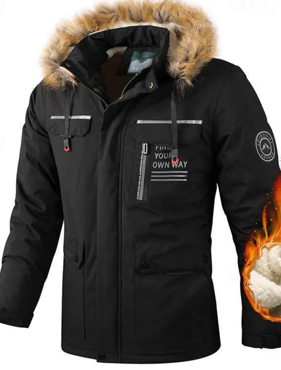 OUKU Men's Winter Jacket Fleece Jacket Hoodied Jacket Hiking Jacket Sports Outdoor Camping & Hiking Waterproof Windbreaker Fur Trim Detachable Hood Fall Winter Solid Color Active Hooded Regular Black