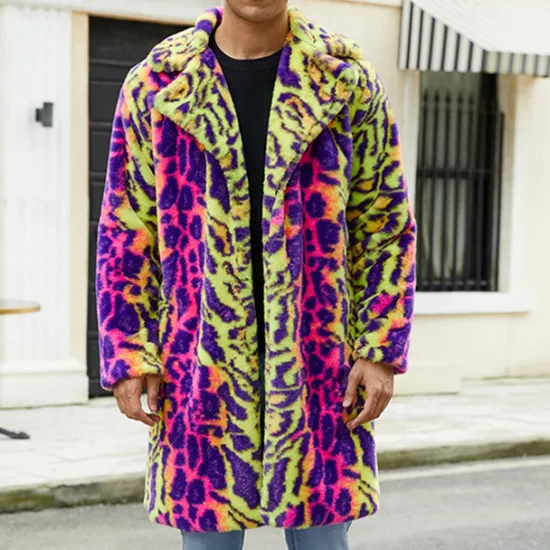 Discount OUKU Men's Winter Jacket Fleece Jacket Faux Fur Coat Daily Vacation Thermal Warm Pocket Fleece Fall & Winter Leopard Print Fashion Streetwear Lapel Long Jacket Green