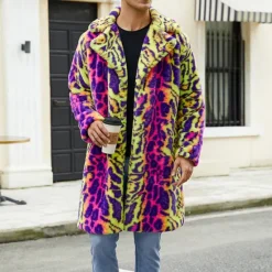 Discount OUKU Men's Winter Jacket Fleece Jacket Faux Fur Coat Daily Vacation Thermal Warm Pocket Fleece Fall & Winter Leopard Print Fashion Streetwear Lapel Long Jacket Green