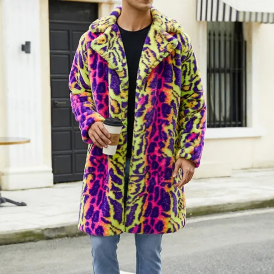 Discount OUKU Men's Winter Jacket Fleece Jacket Faux Fur Coat Daily Vacation Thermal Warm Pocket Fleece Fall & Winter Leopard Print Fashion Streetwear Lapel Long Jacket Green