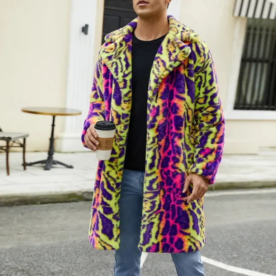 Discount OUKU Men's Winter Jacket Fleece Jacket Faux Fur Coat Daily Vacation Thermal Warm Pocket Fleece Fall & Winter Leopard Print Fashion Streetwear Lapel Long Jacket Green