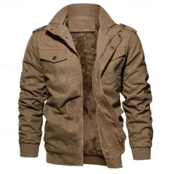 OUKU Men's Winter Jacket Fleece Jacket Casual Jacket Daily Vacation Thermal Warm Pocket Fleece Fall & Winter Plain Fashion Streetwear Stand Collar Regular Black Navy Blue Khaki Army Green Dark Gray Jacket