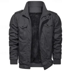 OUKU Men's Winter Jacket Fleece Jacket Casual Jacket Daily Vacation Thermal Warm Pocket Fleece Fall & Winter Plain Fashion Streetwear Stand Collar Regular Black Navy Blue Khaki Army Green Dark Gray Jacket