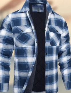 Outlet OUKU Men's Winter Jacket Padded Shacket Daily Vacation Thermal Warm Wearproof Pocket Fall & Winter Plaid Fashion Classic Lapel Regular Black Wine Navy Blue Sky Blue Orange Jacket