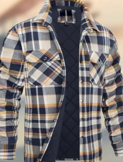 Outlet OUKU Men's Winter Jacket Padded Shacket Daily Vacation Thermal Warm Wearproof Pocket Fall & Winter Plaid Fashion Classic Lapel Regular Black Wine Navy Blue Sky Blue Orange Jacket