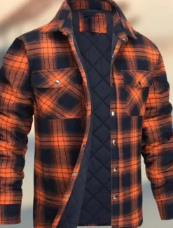 Outlet OUKU Men's Winter Jacket Padded Shacket Daily Vacation Thermal Warm Wearproof Pocket Fall & Winter Plaid Fashion Classic Lapel Regular Black Wine Navy Blue Sky Blue Orange Jacket
