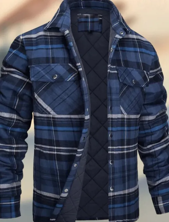 Outlet OUKU Men's Winter Jacket Padded Shacket Daily Vacation Thermal Warm Wearproof Pocket Fall & Winter Plaid Fashion Classic Lapel Regular Black Wine Navy Blue Sky Blue Orange Jacket