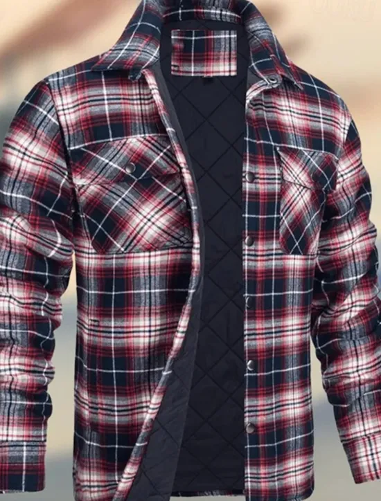Outlet OUKU Men's Winter Jacket Padded Shacket Daily Vacation Thermal Warm Wearproof Pocket Fall & Winter Plaid Fashion Classic Lapel Regular Black Wine Navy Blue Sky Blue Orange Jacket