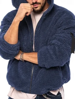 Hot OUKU Men's Winter Jacket Polar Fleece Jacket Hoodied Jacket Daily Vacation Thermal Warm Pocket Fall & Winter Plain Fashion Streetwear Hooded Regular Black Navy Blue Khaki Dark Gray Jacket