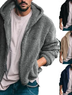Hot OUKU Men's Winter Jacket Polar Fleece Jacket Hoodied Jacket Daily Vacation Thermal Warm Pocket Fall & Winter Plain Fashion Streetwear Hooded Regular Black Navy Blue Khaki Dark Gray Jacket