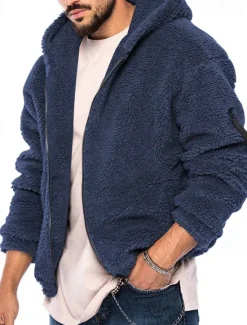 Hot OUKU Men's Winter Jacket Polar Fleece Jacket Hoodied Jacket Daily Vacation Thermal Warm Pocket Fall & Winter Plain Fashion Streetwear Hooded Regular Black Navy Blue Khaki Dark Gray Jacket