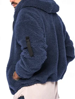 Hot OUKU Men's Winter Jacket Polar Fleece Jacket Hoodied Jacket Daily Vacation Thermal Warm Pocket Fall & Winter Plain Fashion Streetwear Hooded Regular Black Navy Blue Khaki Dark Gray Jacket