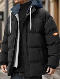 Sale OUKU Men's Winter Jacket Puffer Jacket Padded Hooded Fake two piece Polyster Pocket Sports Outdoor Regular Fashion Casual Thermal Warm Windproof Winter Plain Black Blue Beige Puffer Jacket