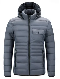 Best OUKU Men's Winter Jacket Puffer Jacket Padded Pocket Hooded Polyster Pocket Outdoor Date Casual Daily Regular Fashion Casual Thermal Warm Windproof Winter Plain Dark Grey Black Red Blue Puffer Jacket