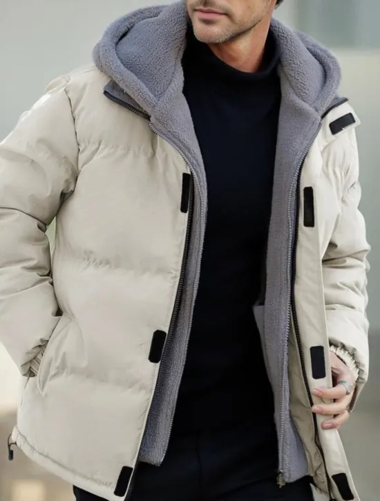 OUKU Men's Winter Jacket Puffer Jacket Fleece Jacket Padded 2 in 1 Fake two piece Polyster Hoodie Pocket Outdoor Date Casual Daily Regular Fashion Casual Thermal Warm Windproof Winter Plain Dark Grey