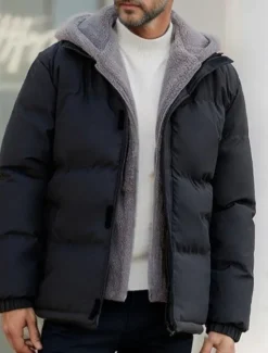OUKU Men's Winter Jacket Puffer Jacket Fleece Jacket Padded 2 in 1 Fake two piece Polyster Hoodie Pocket Outdoor Date Casual Daily Regular Fashion Casual Thermal Warm Windproof Winter Plain Dark Grey