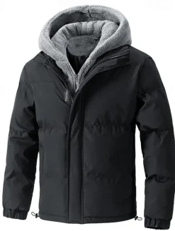 OUKU Men's Winter Jacket Puffer Jacket Fleece Jacket Padded 2 in 1 Fake two piece Polyster Hoodie Pocket Outdoor Date Casual Daily Regular Fashion Casual Thermal Warm Windproof Winter Plain Dark Grey